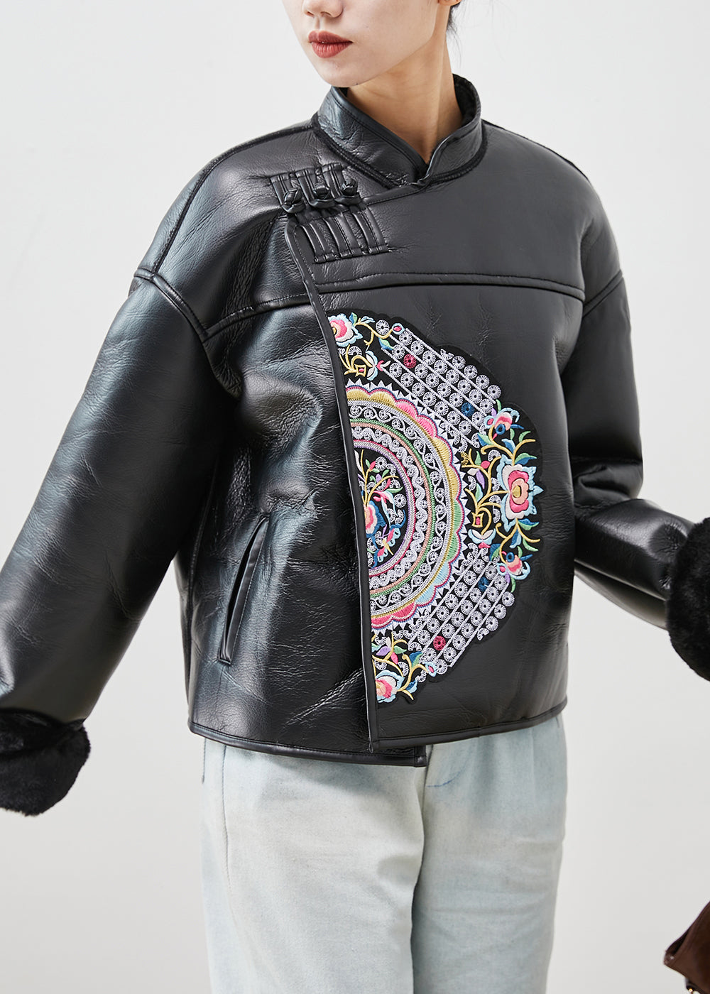 Art Black Embroideried Warm Fleece Faux Leather Coat Winter