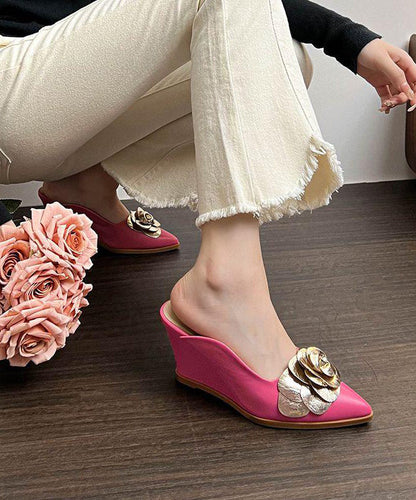 Pink Wedge Heels Slide Sandals Pointed Toe