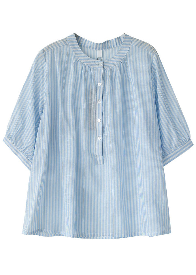 Blue Striped Cotton Shirt Top O-neck Oversized Half Sleeve