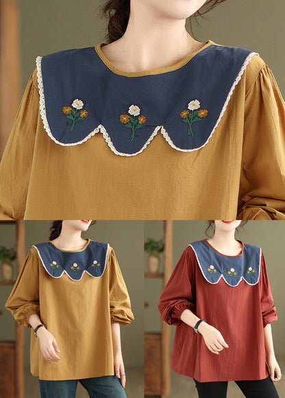 Rust Embroideried Patchwork Cotton Top Fall
