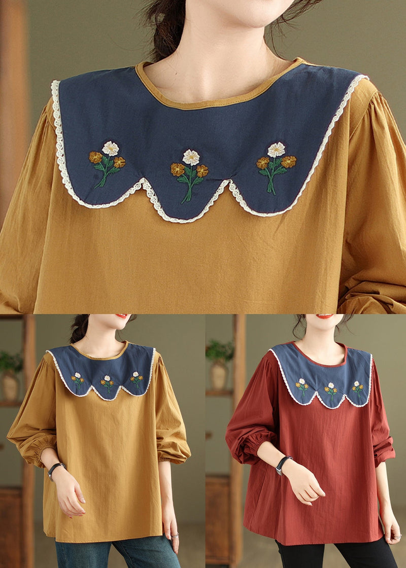 Rust Embroideried Patchwork Cotton Top Fall