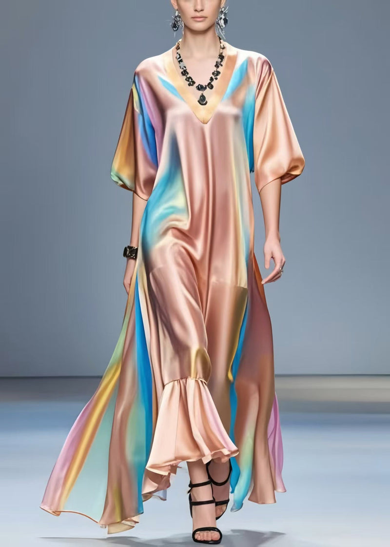 V Neck Tie Dye Silk Vacation Dresses Half Sleeve Summer