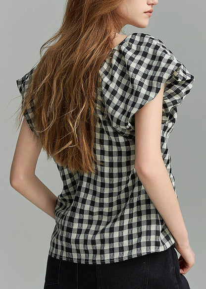 Black V Neck Plaid Shirt Short Sleeve