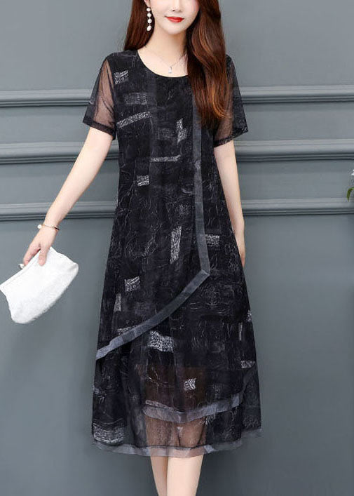 Black O-neck Print Chiffon Holiday Dress Summer