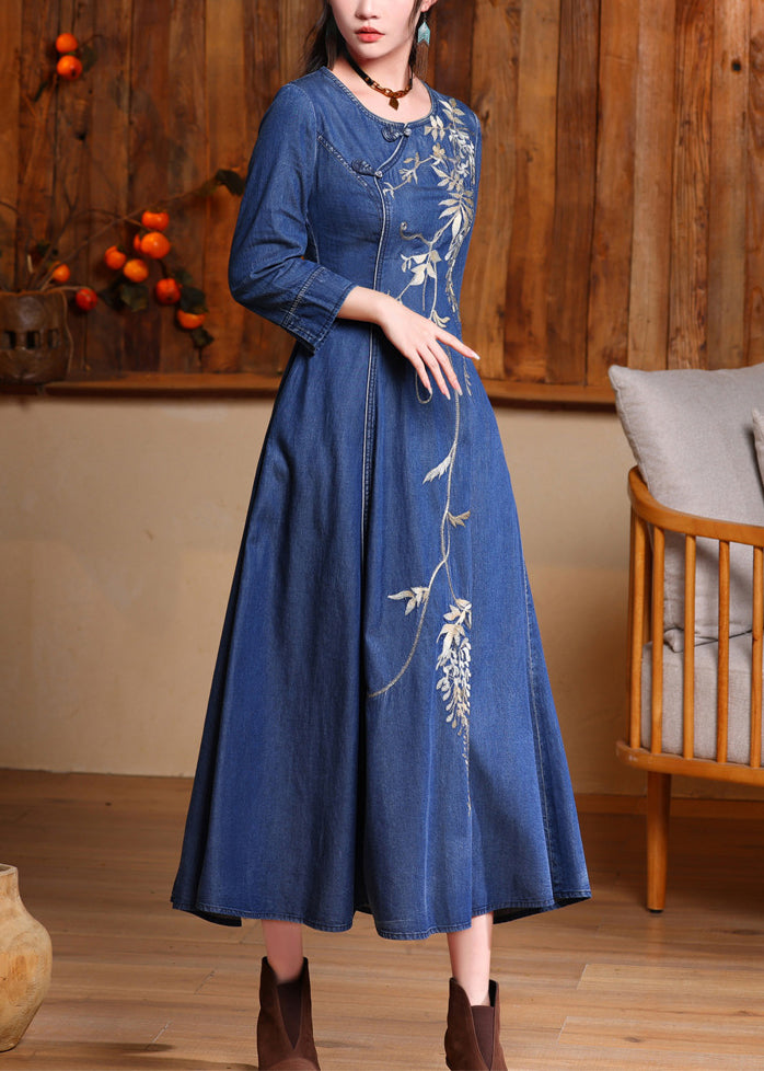 Blue O-neck Embroidered Button Long Denim Dresses Spring