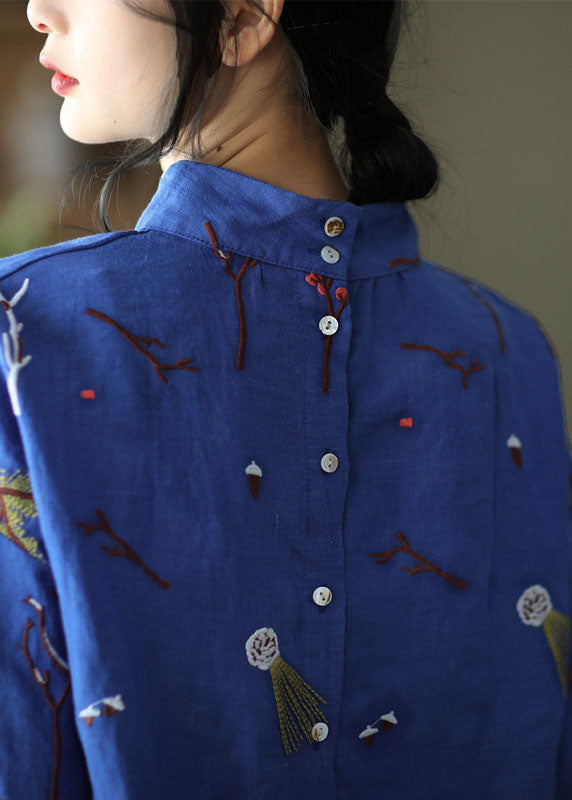 Stylish Gray Flower Embroidered Retro Linen Blouse Tops Spring