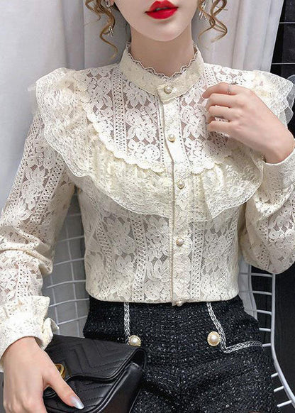 Modern Beige Hollow Out Patchwork Lace Top Long Sleeve