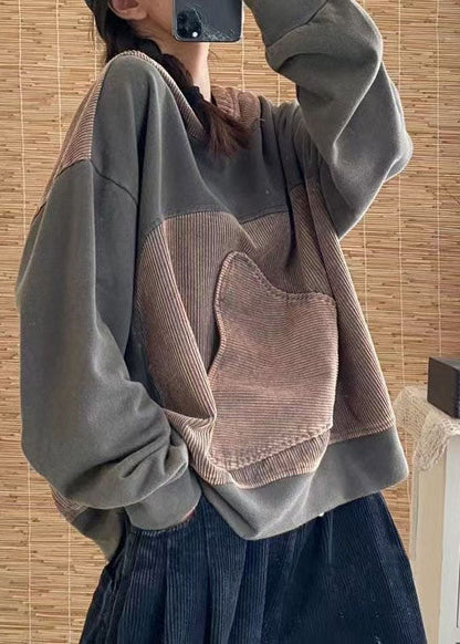 Brick Red Hooded Patchwork Cotton Pullover Top Spring
