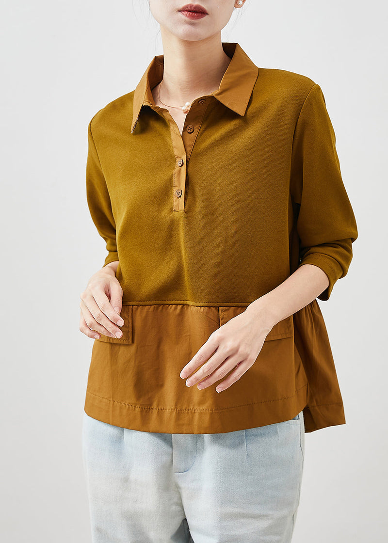 Brown Ruffled Patchwork Cotton Shirts Spring