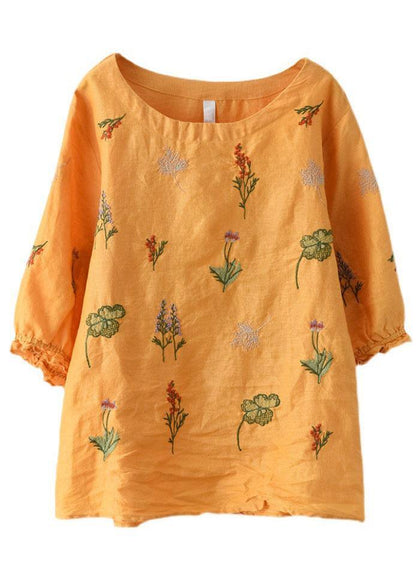 Pink O-neck Embroideried Summer Ramie Blouses Half Sleeve