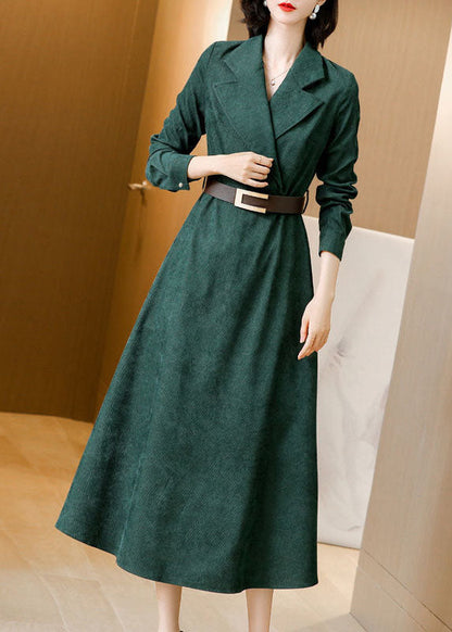 Green Notched Collar Sashes Slim Fit Corduroy Maxi Dresses Spring