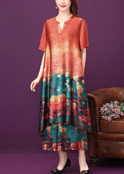 Red O-neck Print Silk Long Dress and Straight Pant Two Piece Set Summer