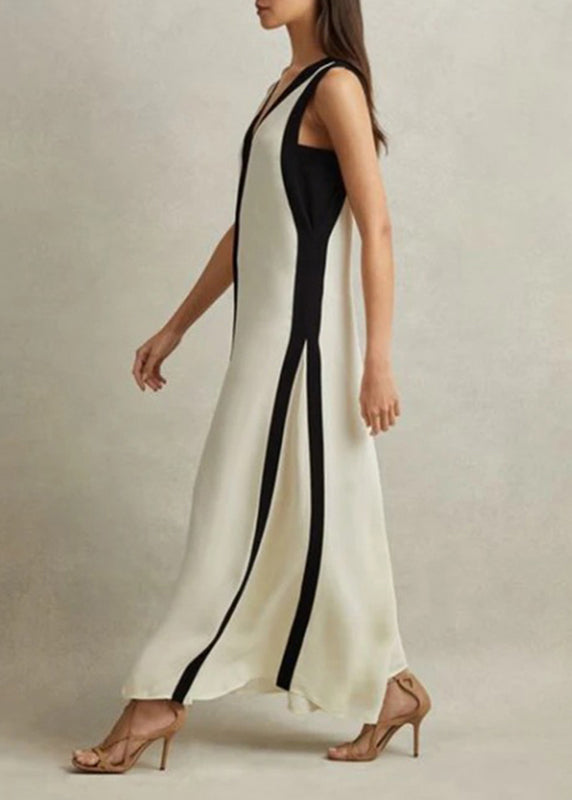 Brief White V Neck Striped Patchwork Cotton Long Dress Summer