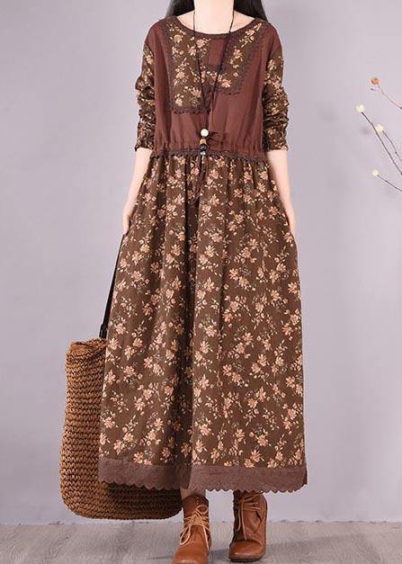 Unique O Neck Patchwork Spring Quilting Clothes Sewing Chocolate Print Loose Dress