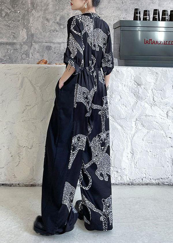 Black Summer Patchwork Wide Leg Print Chiffon Jumpsuit Pants