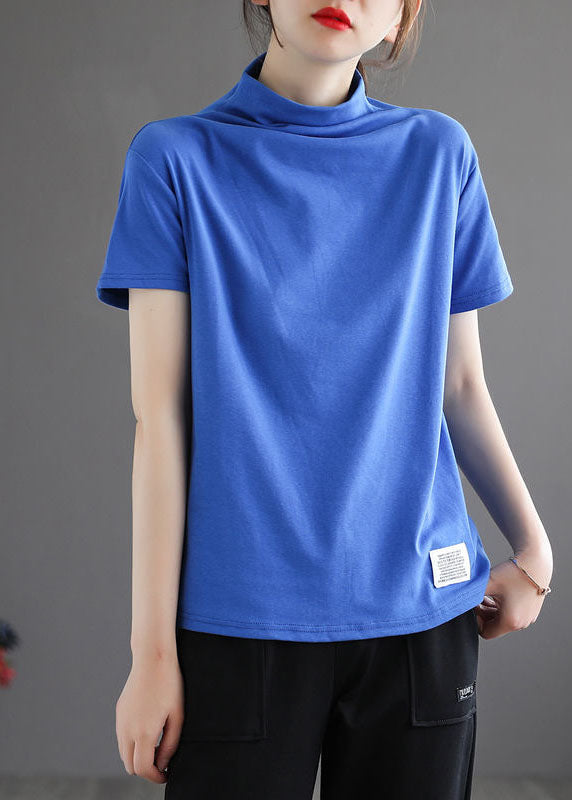 Blue Hign Neck Patchwork Cotton Top Half Sleeve