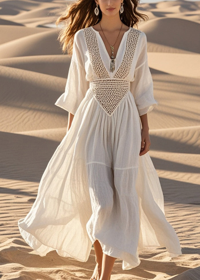 White Hollow Out Exra Large Hem Cotton Maxi Dress Spring