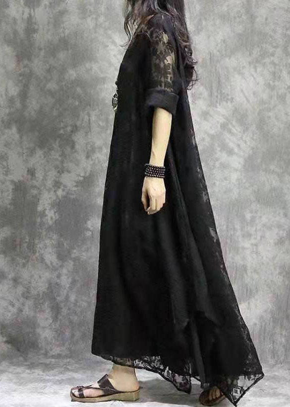 French Black V Neck Asymmetrical Design Dress Spring