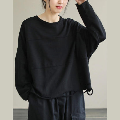 Italian O Neck Cotton Spring Tunic Pattern Pattern Black Blouse