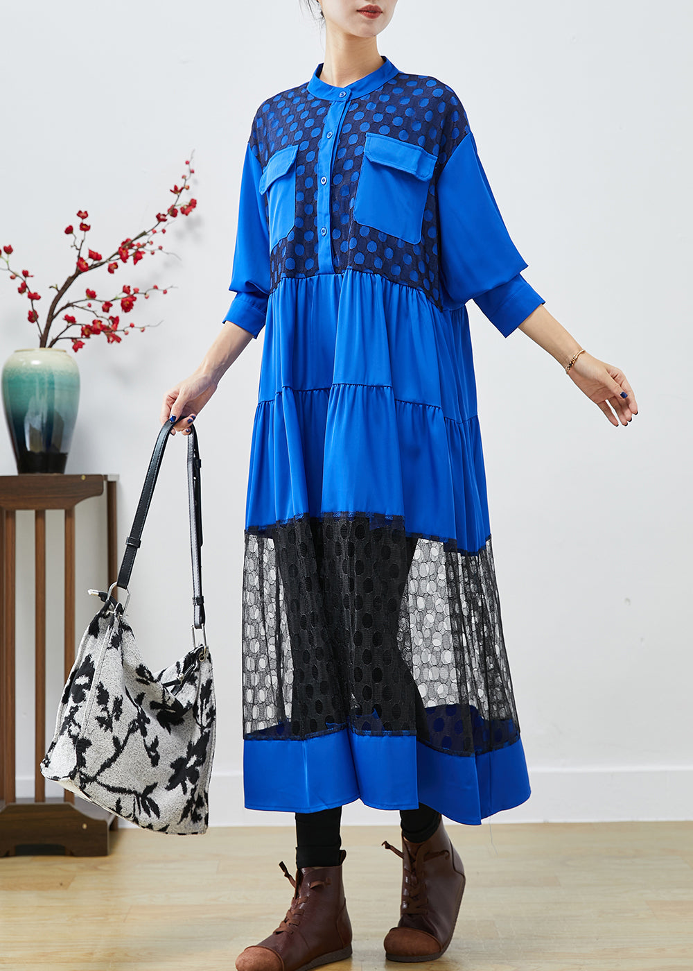 Blue Stand Collar Patchwork Lace Cotton Dress Fall