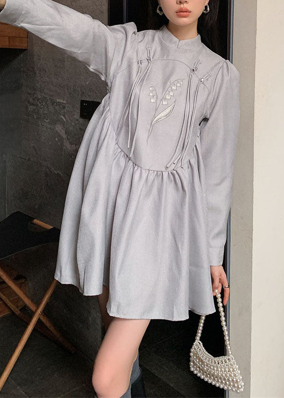 Grey Stand Collar Tasseled Embroideried Patchwork Silk Dress Spring