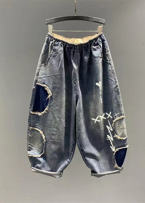 Diy Blue Pockets Patch Elastic Waist Denim Pants Summer