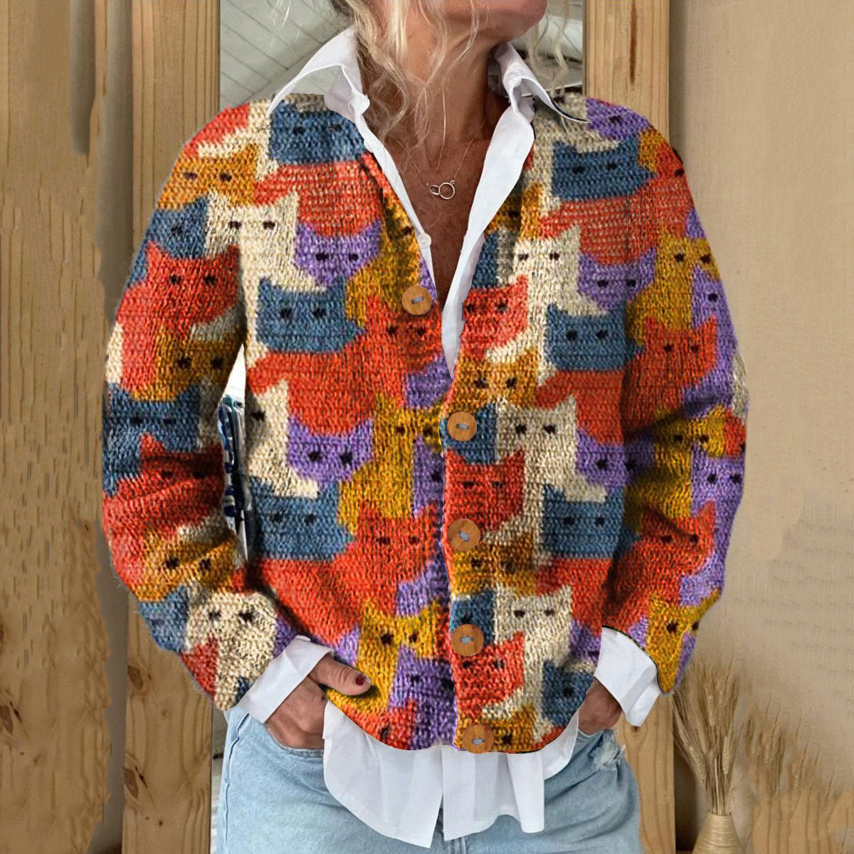 Multicolor Cute Art Print Long Sleeve Knitted Cardigan elevenforest