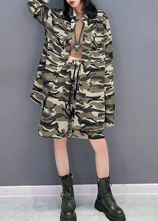 Camouflage Peter Pan Collar Zippered Print Coats and Shorts Two Pieces Set Spring