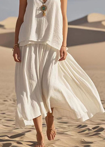 White V Neck Patchwork Cotton Spaghetti Strap Dress Summer