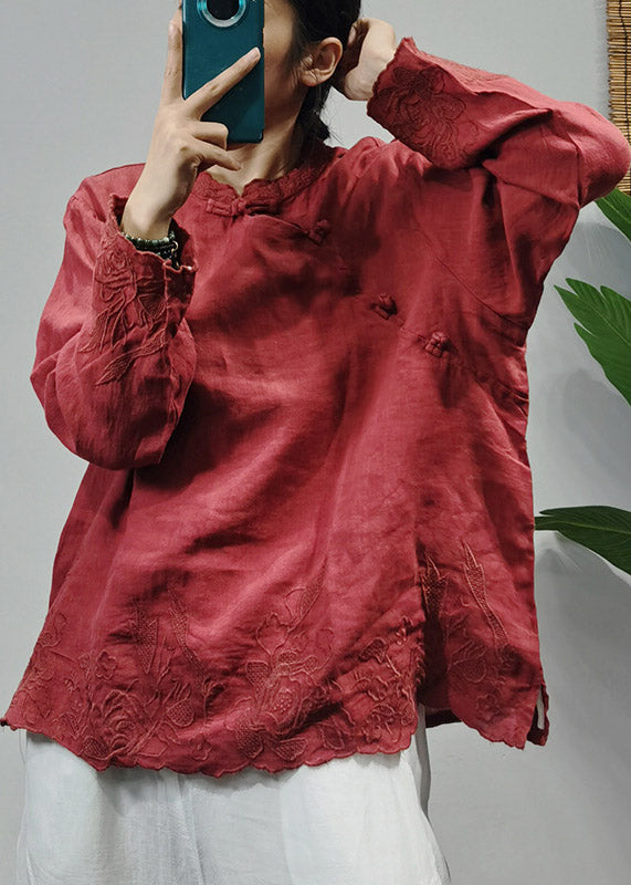 Red Stand Collar Linen Blouse Tops Long Sleeve