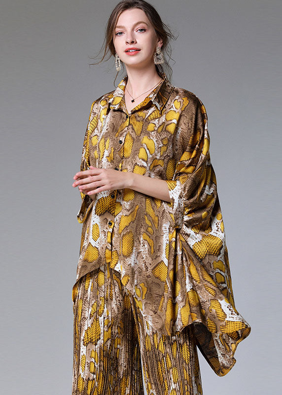 Unique Yellow Print Batwing Sleeve Asymmetrical Design Top Wide Leg Two Pieces Set