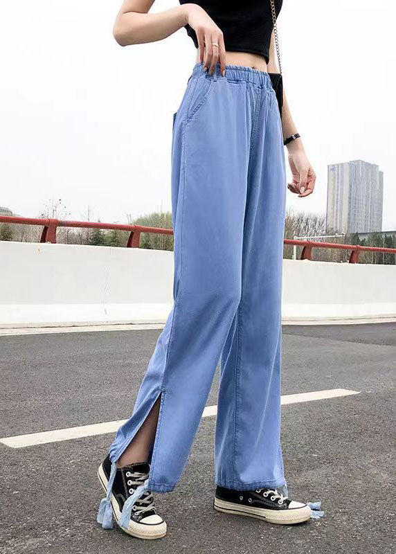 Light Blue Elastic Waist Side Open Drawstring Cotton Denim Pants Summer