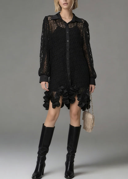 Black Peter Pan Collar Hollow Out Lace Shirt Tops Spring