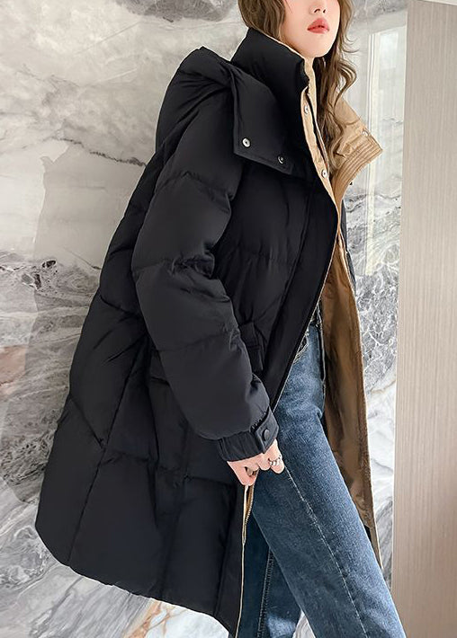 Black Zippered Hooded Pockets Duck Down Coat Winter