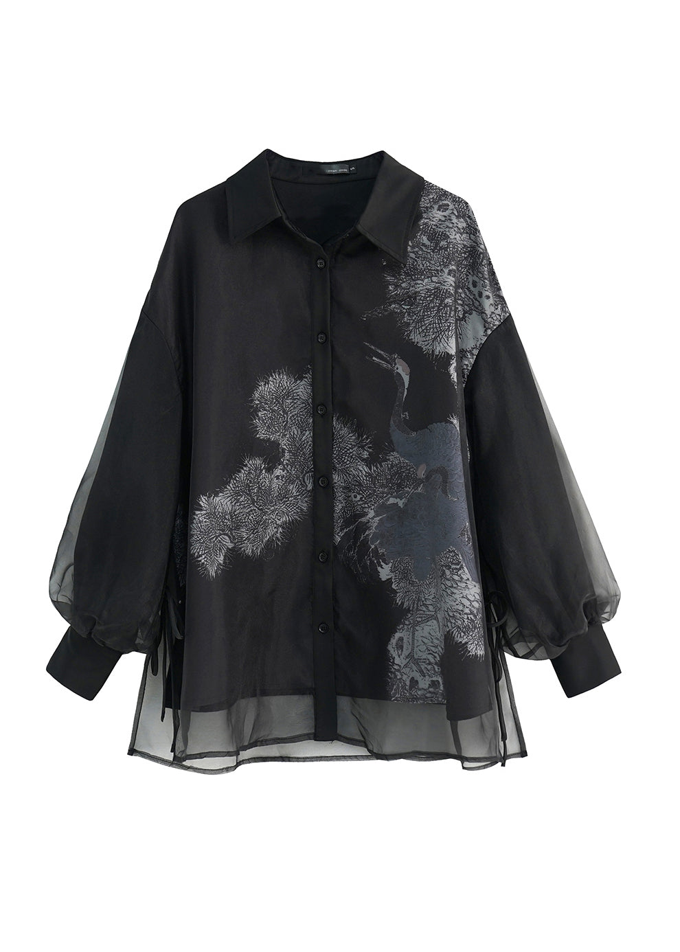 Black Peter Pan Collar Lace Up Patchwork Tulle Shirt Lantern Sleeve
