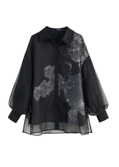 Black Peter Pan Collar Lace Up Patchwork Tulle Shirt Lantern Sleeve