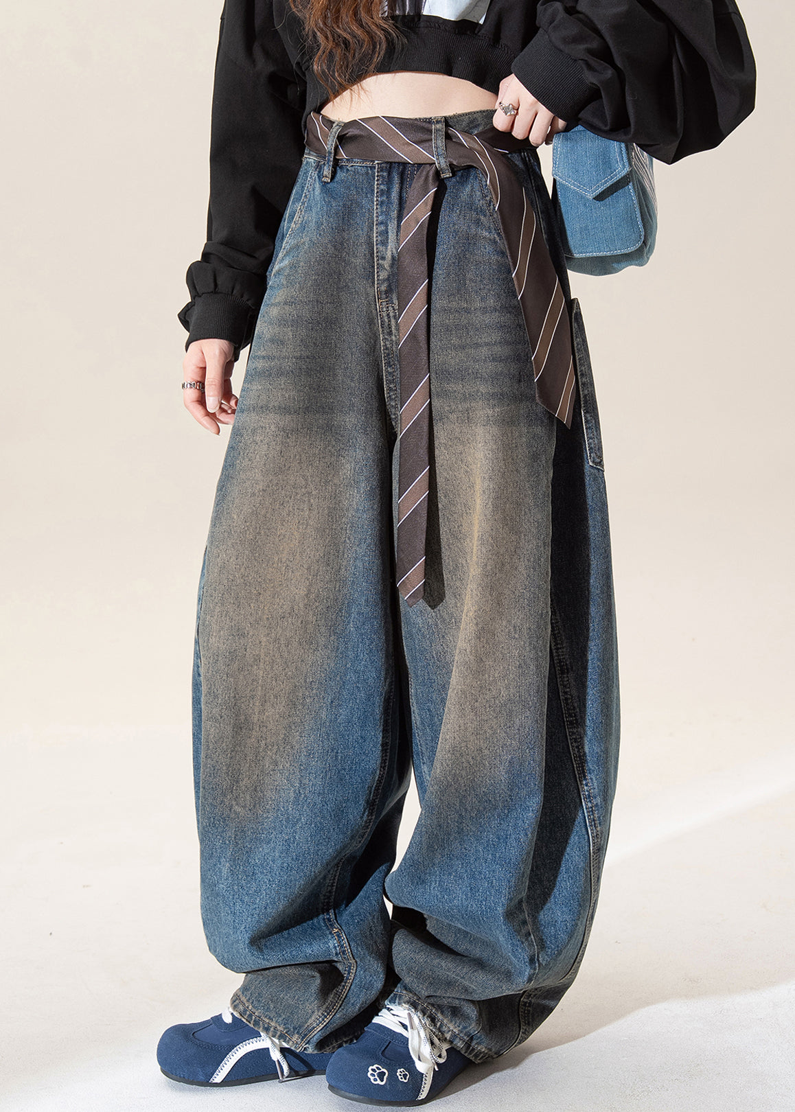 Dark Blue High Waist Pockets Wide Leg Jeans Spring