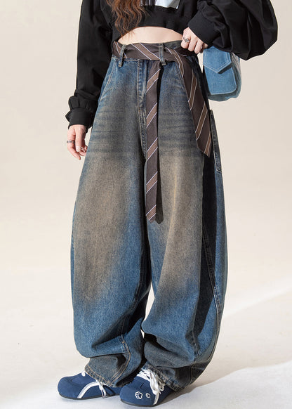 Dark Blue High Waist Pockets Wide Leg Jeans Spring