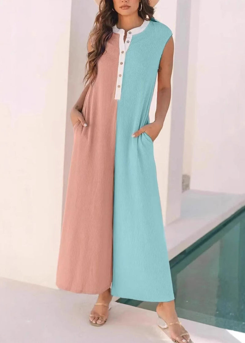 Pink Pockets Patchwork Cotton Jumpsuit Sleeveless