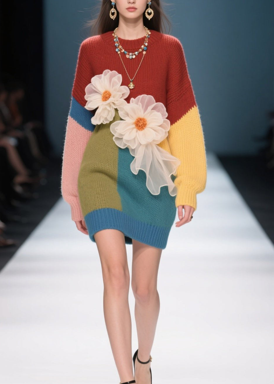 French Colorblock O Neck Knit Sweater Dress Fall