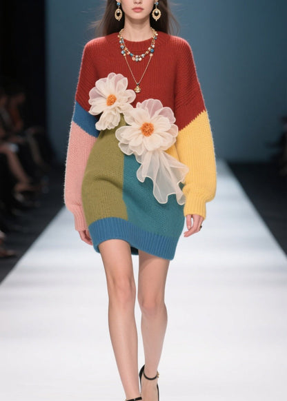 French Colorblock O Neck Knit Sweater Dress Fall