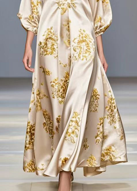 Fitted Champagne Oversized Print Silk Maxi Dress Bracelet Sleeve Spring