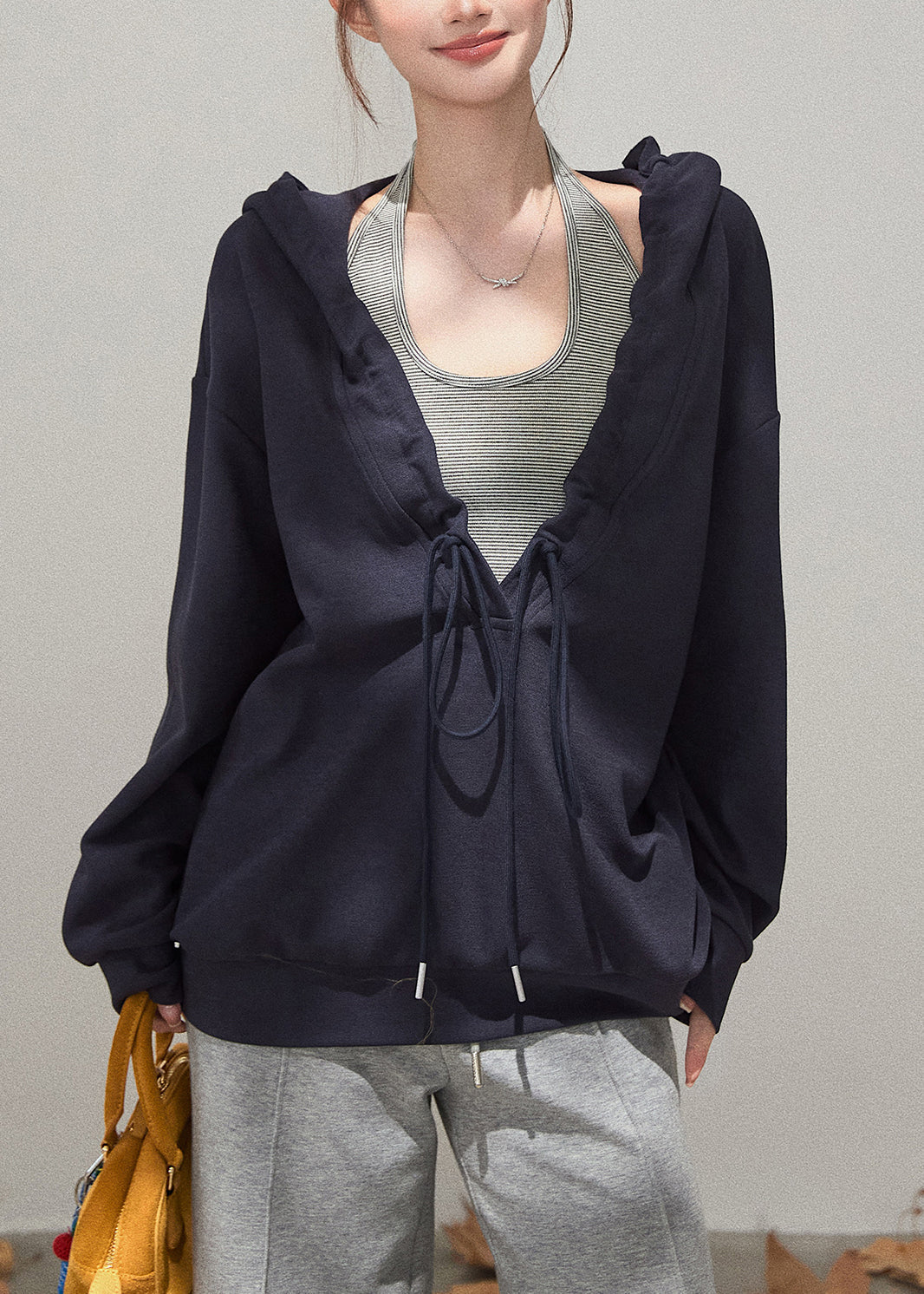 Navy Oversized Cotton Pullover Hooded Drawstring Fall