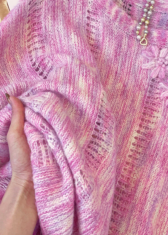 Pink Hollow Out Cozy Knit Sweater Tops Fall