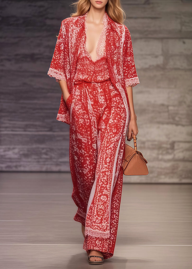 Red Oversized Print Chiffon Two Pieces Set Summer