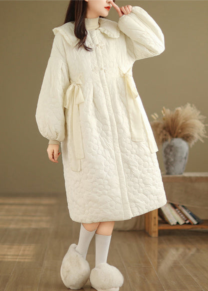 Beige Peter Pan Collar Fine Cotton Filled Coat Lantern Sleeve