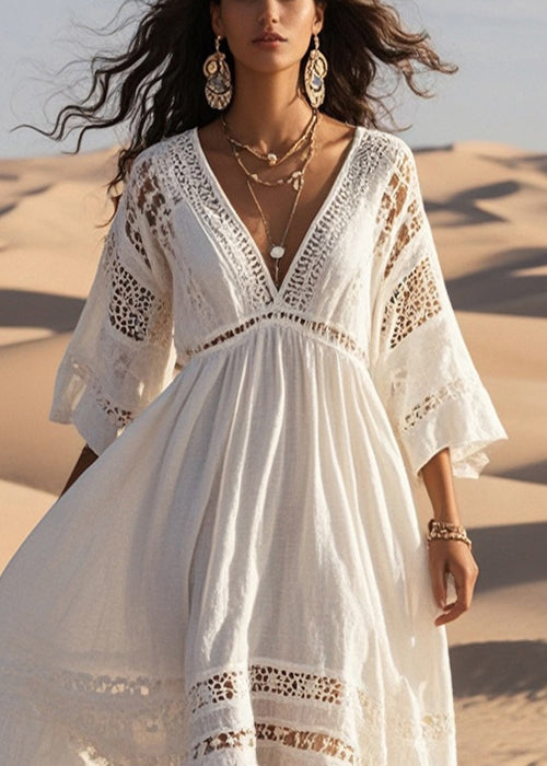 French White Oversized Hollow Out Cotton Dress Bracelet Sleeve Summer