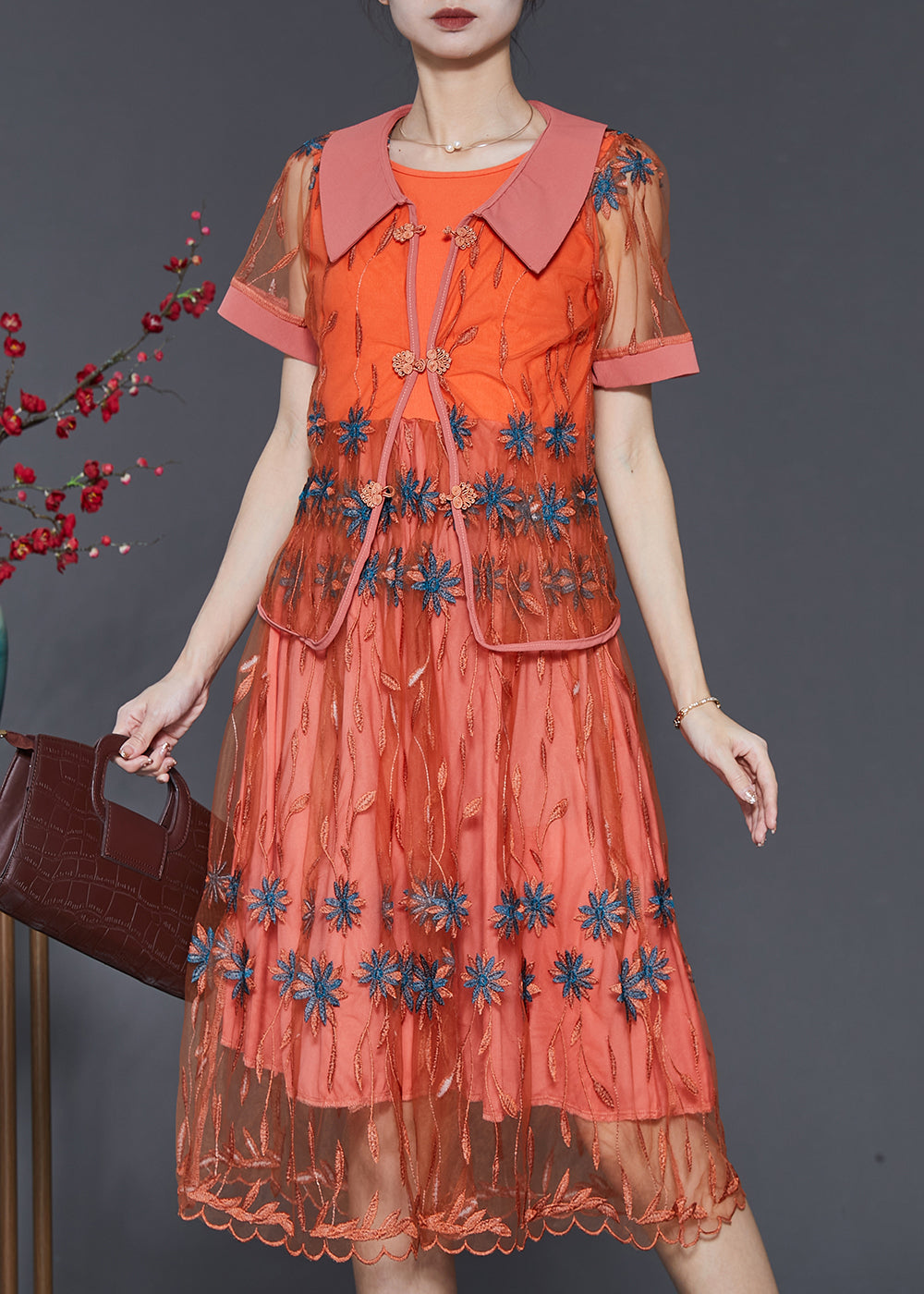 Orange Embroidered Patchwork Tulle Dresses Two Piece Set Summer