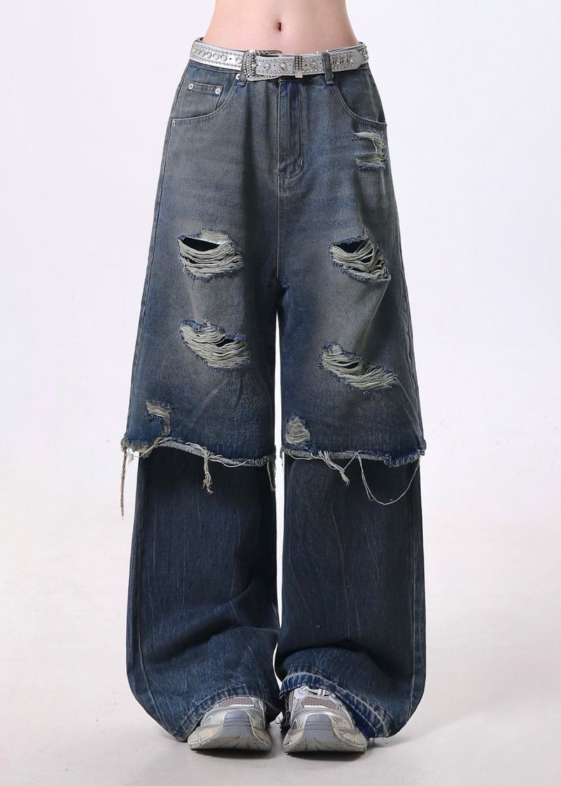Blue False Two Pieces Patchwork Ripped Denim Pants Spring