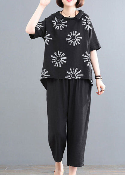 Black Print O-neck Top and Crop Pants Two Pieces Sets Summe